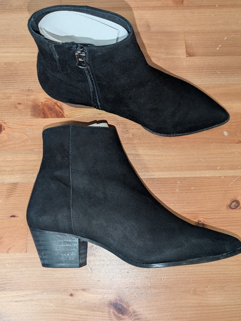 Women’s Black Suede Pointed Toe Ankle Boots with Low Block Heel
